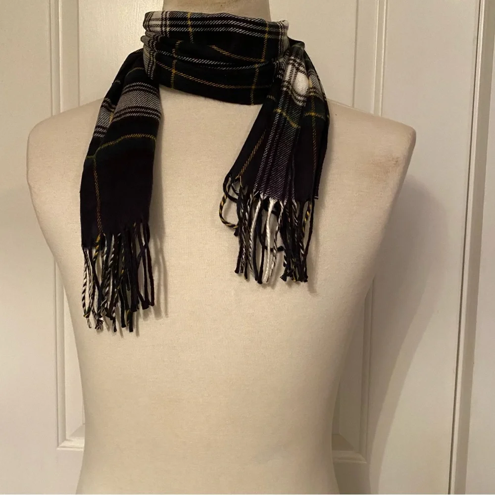 CHRISTIAN DIOR MENS SCARF BLUE WHITE PLAID MUFFLER ACCESSORY FRINGE VINTAGE